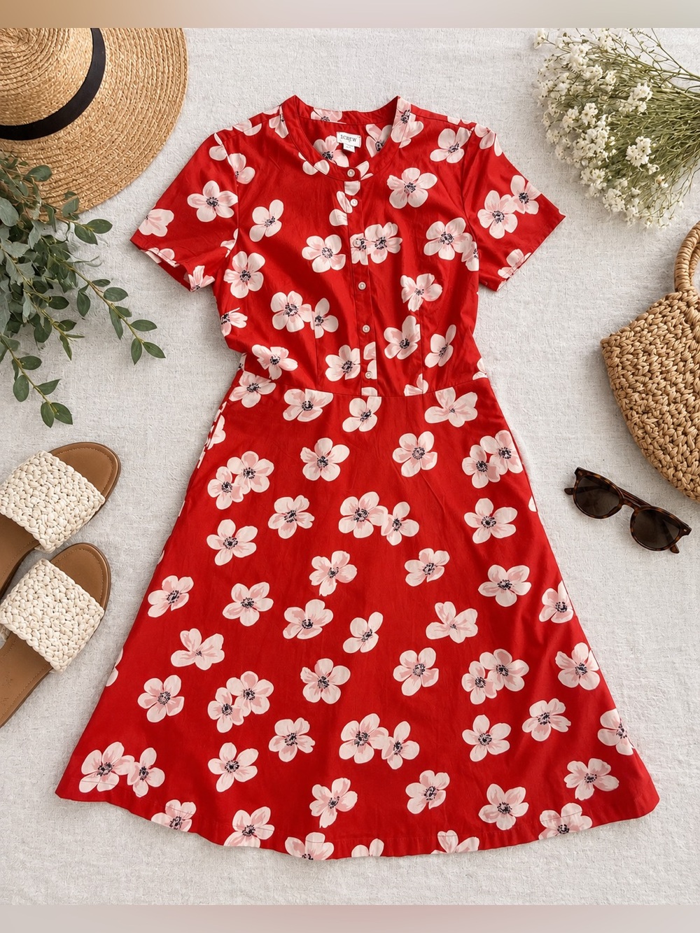 J.Crew Floral Button Front Fit & Flare Dress Red Pink White Size 2